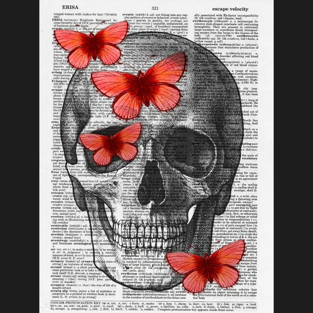 Gothic Butterfly Skull Dictionary Art Print